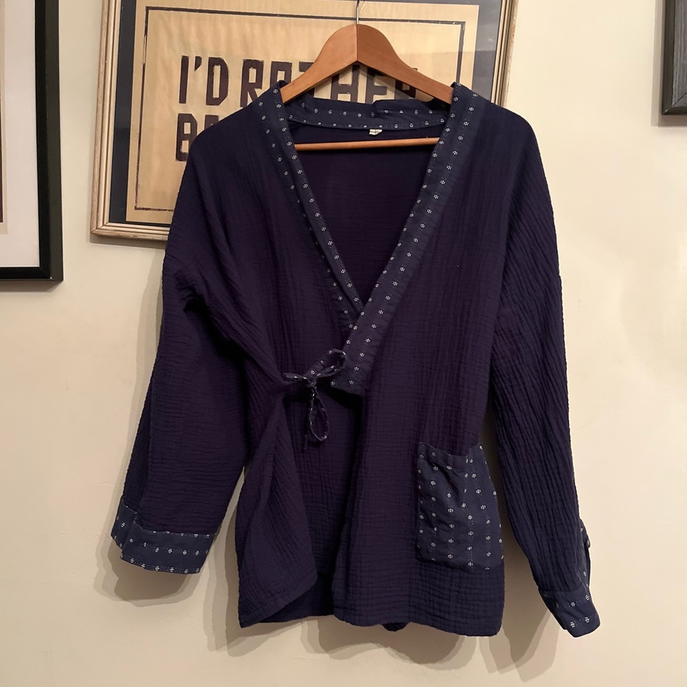 Indigo Cotton Gauze Wrap Kimono Tie Front Wrap Top  Size M